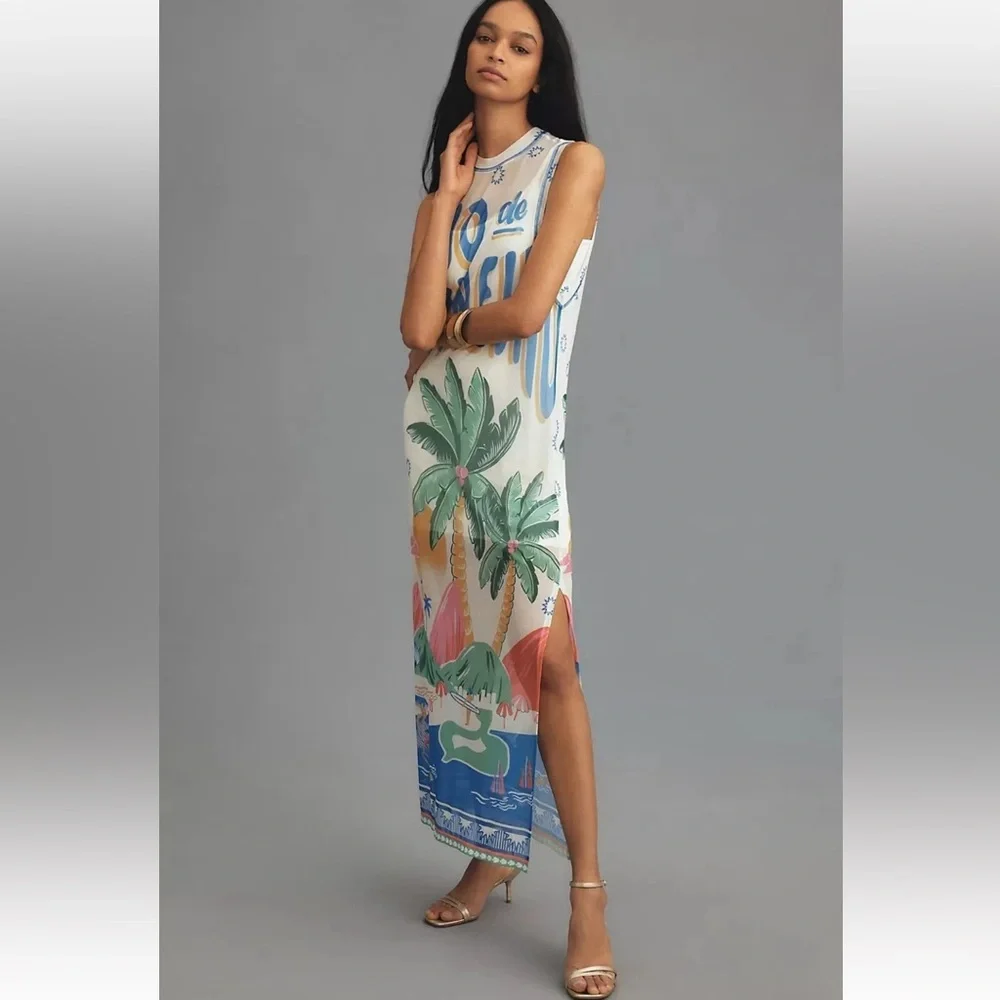 Farm Rio Rio De Janeiro Graphic Mesh Midi Dress Multicolor NWT Size XS - Picture 1 of 11